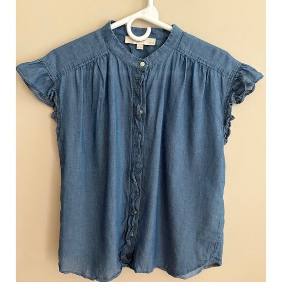 LOFT Petite Chambray Ruffle Button Front Short Sleeve Blouse Size Small - Picture 3 of 10